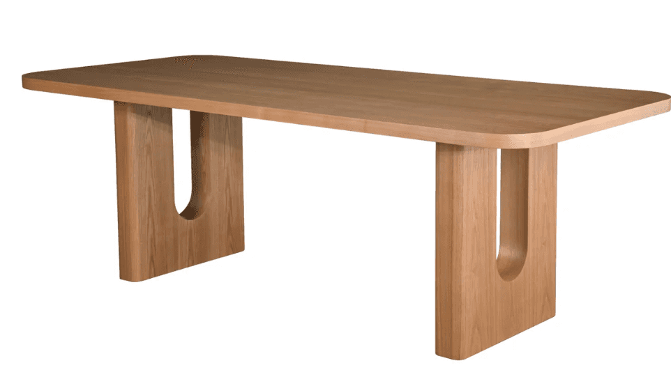 A modern dining table featuring a thick, rounded rectangular tabletop made from light-toned wood. Th… — free OBJ 3D model