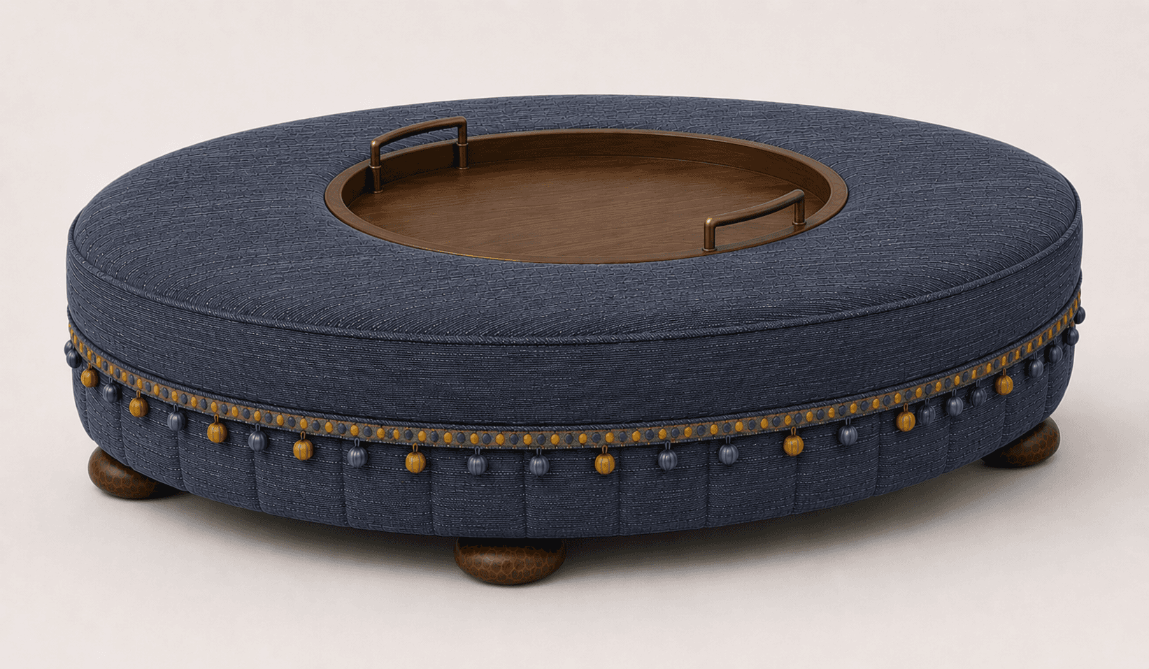 A round upholstered ottoman with a built-in wooden tray top. The ottoman is covered in a dark blue t… — 3D model