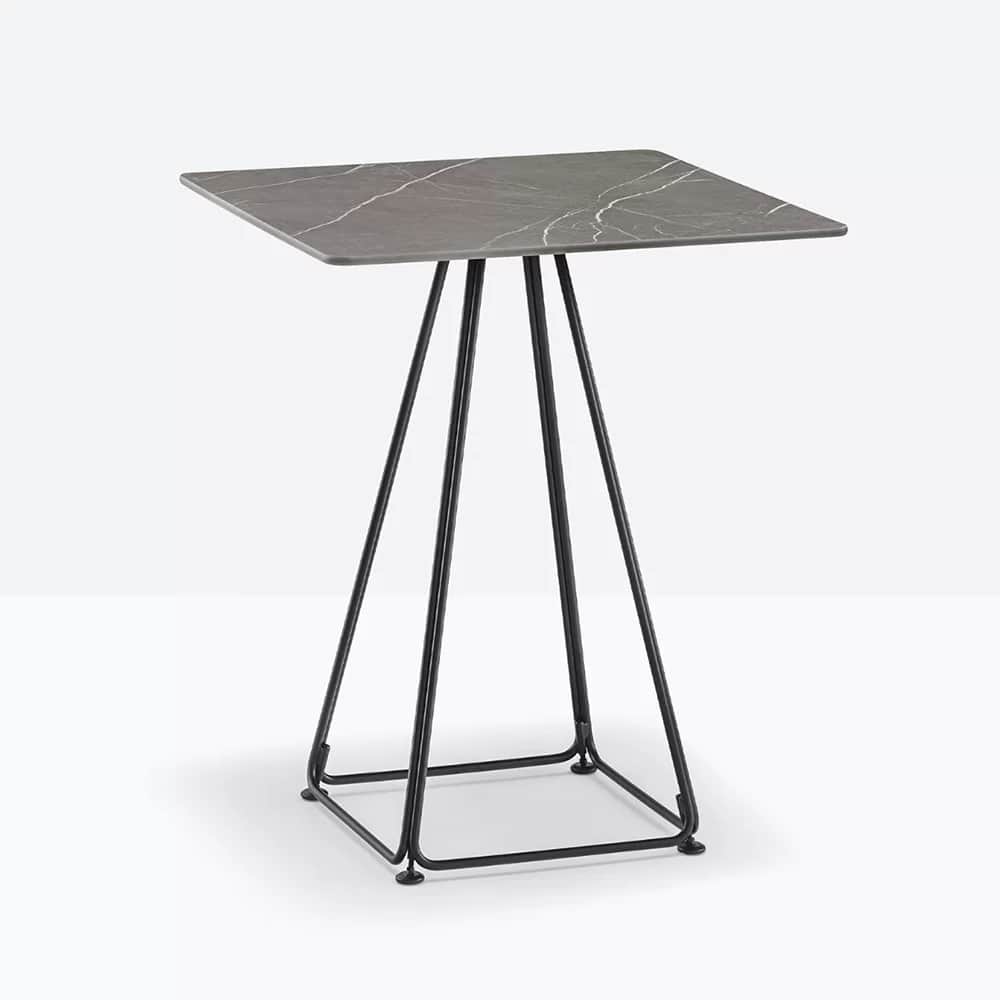 A square-topped side table with a marble-like gray surface and a geometric black metal base. The bas… — 3D model