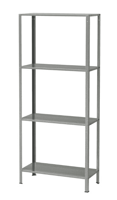 A four-tier, open-frame shelving unit constructed from light gray or silver-colored metal. Each shel… — 3D model