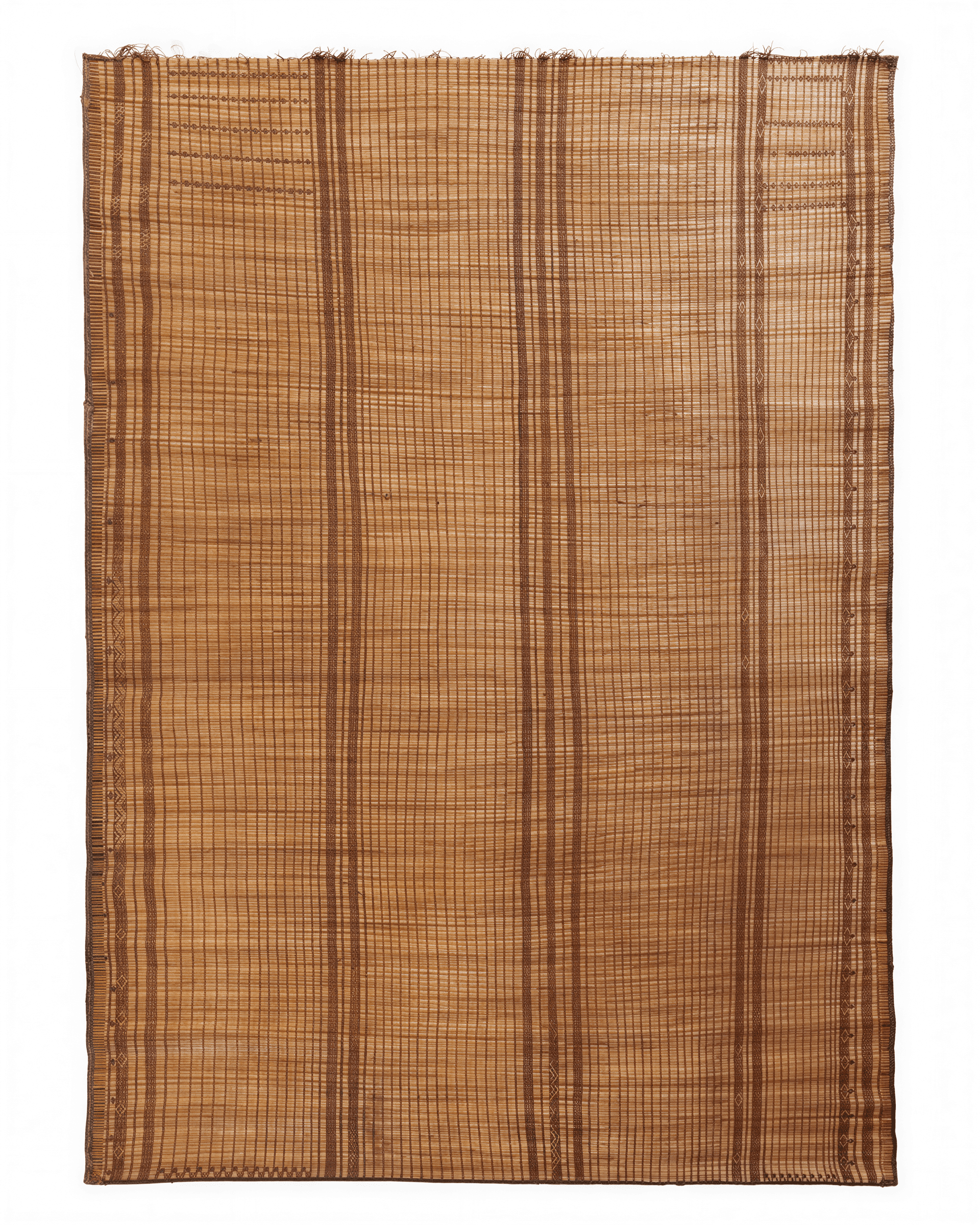A flat-woven rug constructed from natural fibers, likely bamboo or reeds, interlaced with darker thr… — 3D model