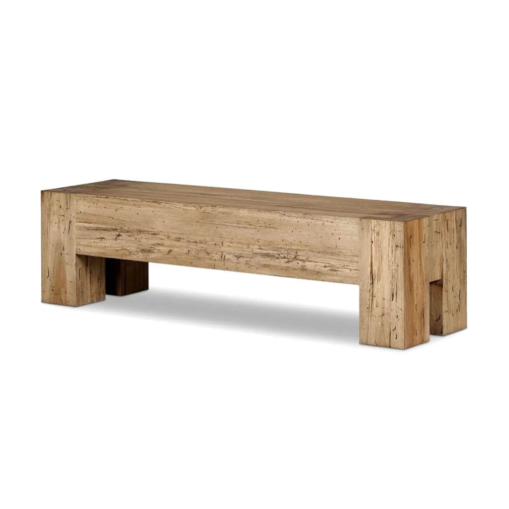 A long, rectangular bench crafted from solid blocks of reclaimed wood, featuring a distressed, natur… — free BLEND 3D model