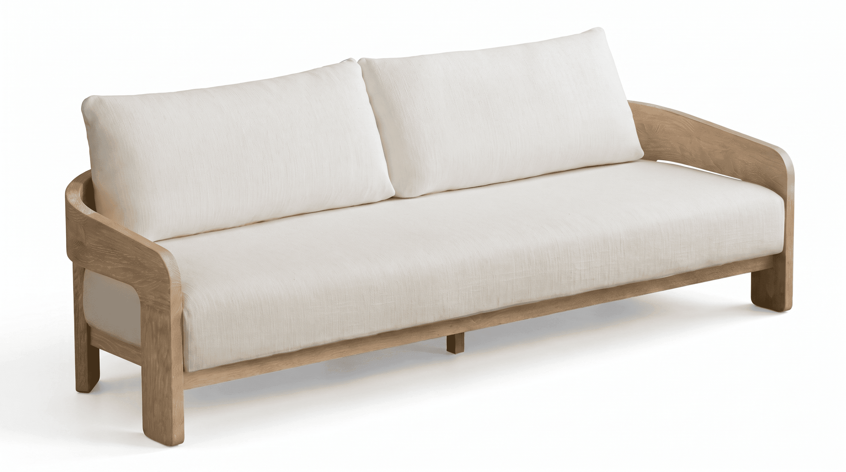 A contemporary two-seater loveseat featuring a visible light-toned oak wood frame and cream-colored… — 3D model