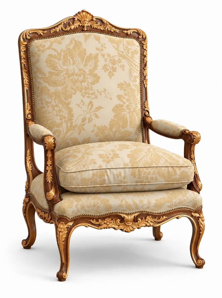 An opulent armchair featuring a highly ornate, gilded carved wood frame and upholstered in a luxurio… — 3D model