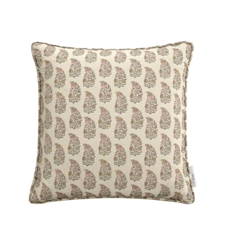 A square throw pillow featuring a repeating floral or botanical pattern in muted pink and brown/taup… — 3D model