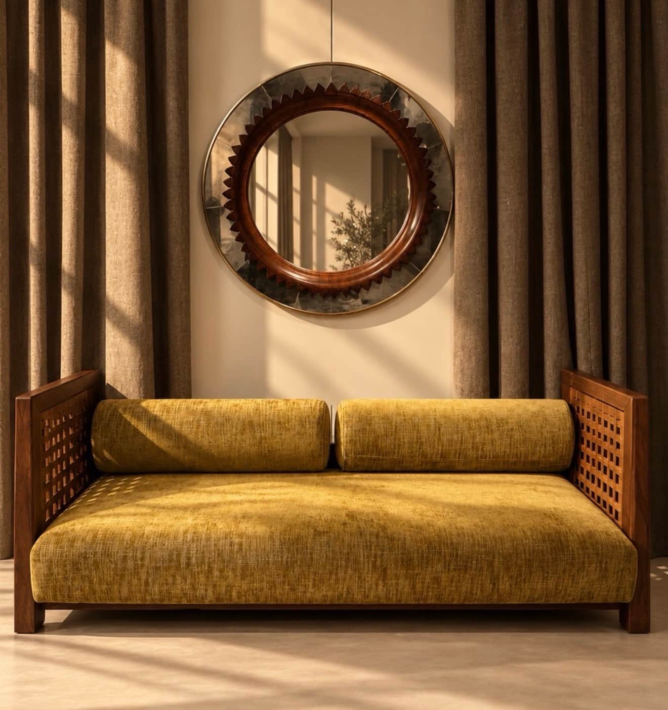 A modern daybed featuring a dark stained wooden frame with a distinctive lattice pattern on the back… — 3D model