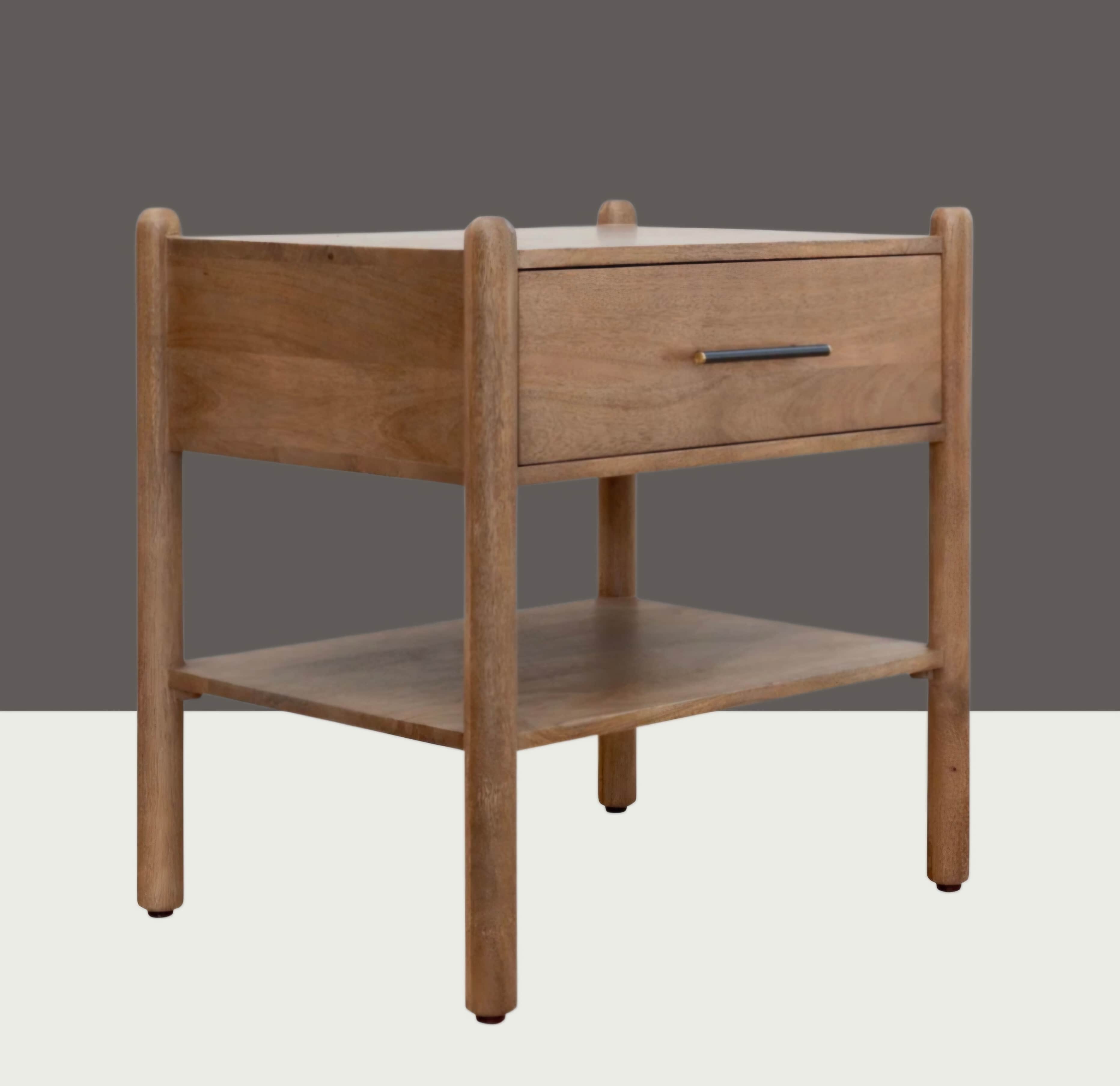 A modern nightstand crafted from light-toned solid wood, featuring a single drawer with a dark bar p… — 3D model