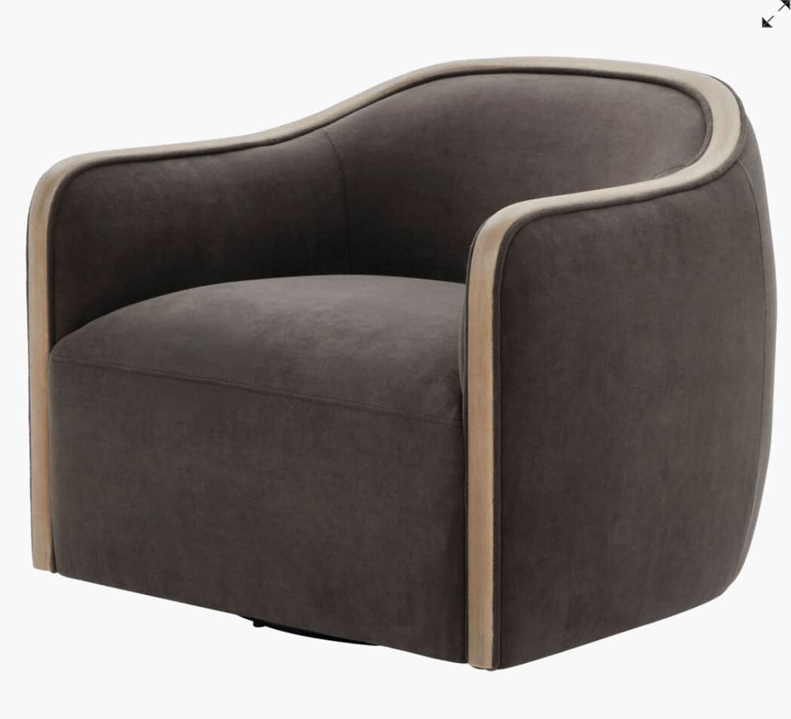 A modern upholstered swivel armchair featuring a dark gray fabric over a curved back and arms. The c… — 3D model