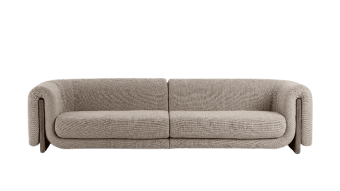 A contemporary two-seater sofa featuring light beige textured fabric upholstery. It has distinctive… — 3D model