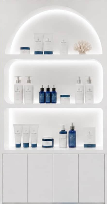 A tall, rectangular display cabinet with a minimalist white finish. The upper section features three… — 3D model