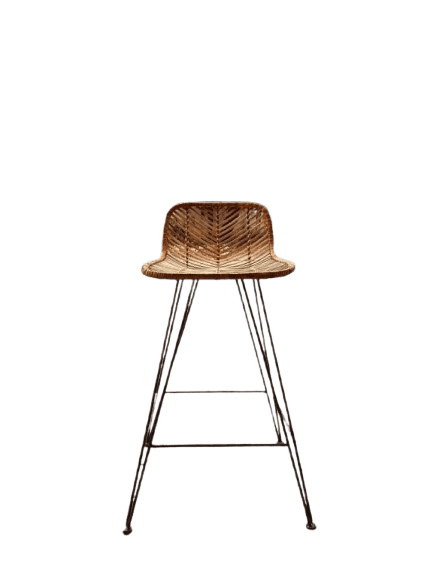 A bar stool featuring a sculpted, woven rattan seat with an integrated low backrest, supported by sl… — 3D model