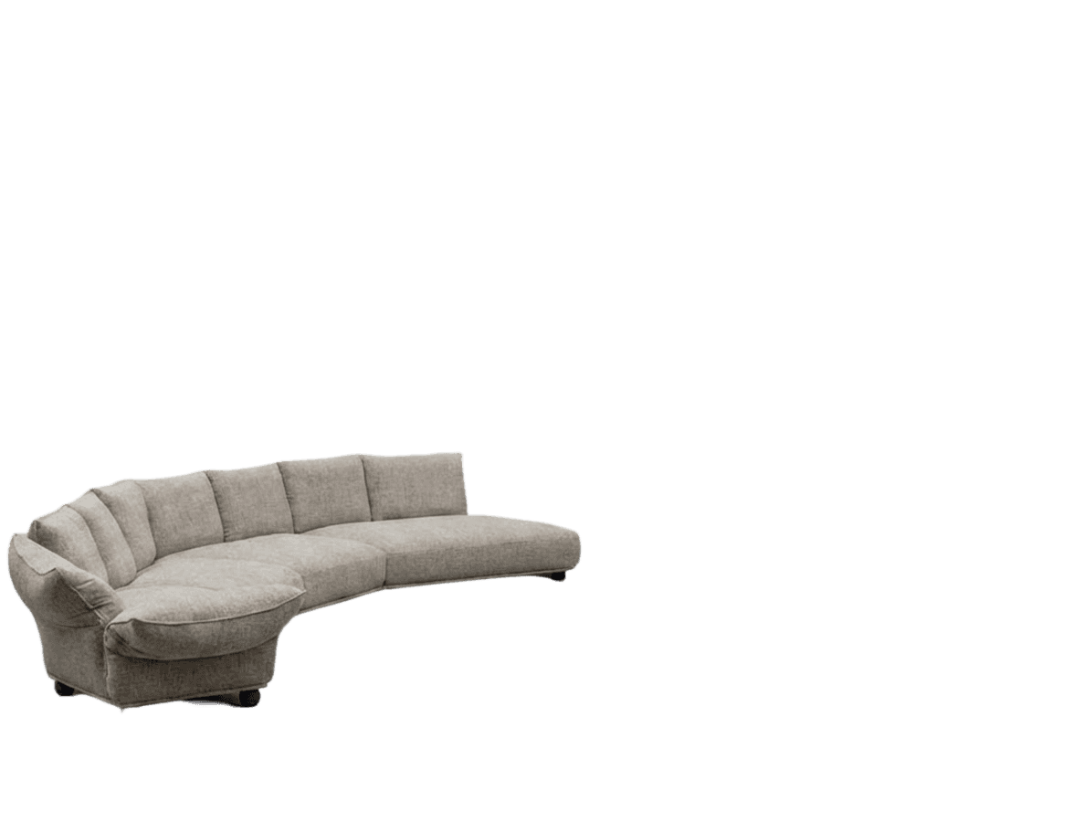 A curved sectional sofa with a light grey upholstered fabric. The sofa features multiple seat cushio… — free OBJ 3D model