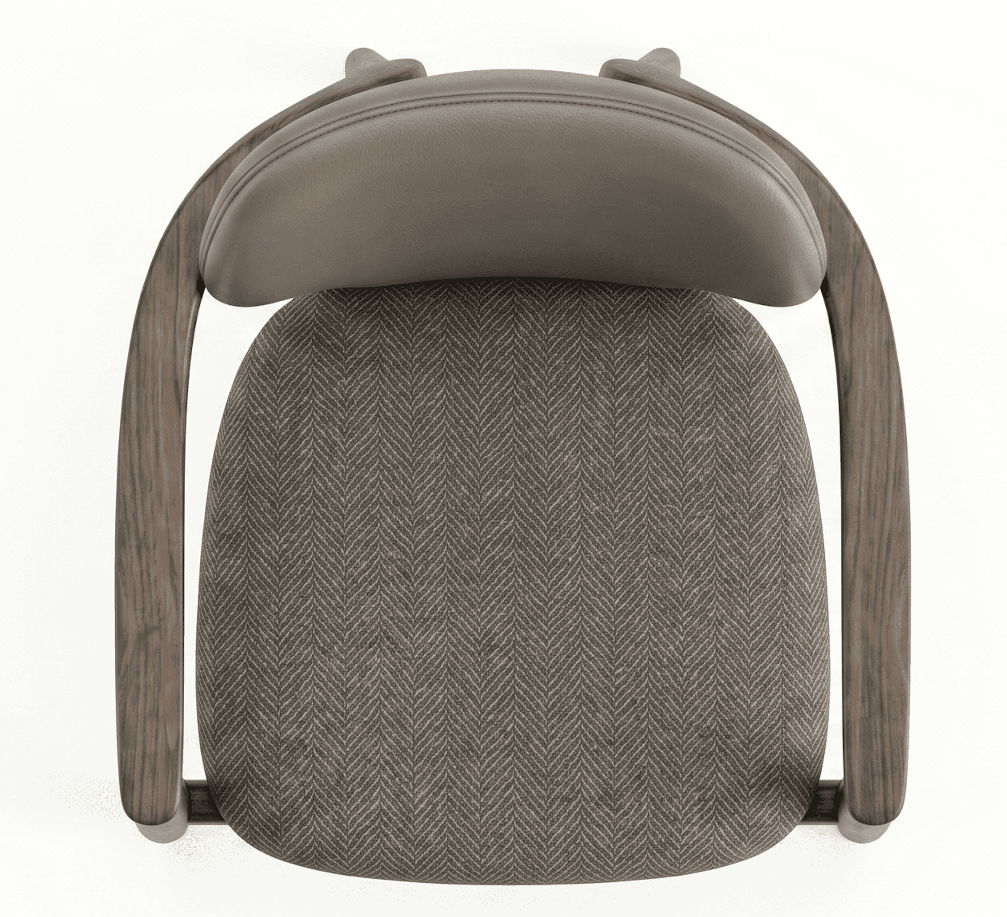A contemporary dining armchair featuring a curved dark wood frame, a grey herringbone upholstered se… — 3D model