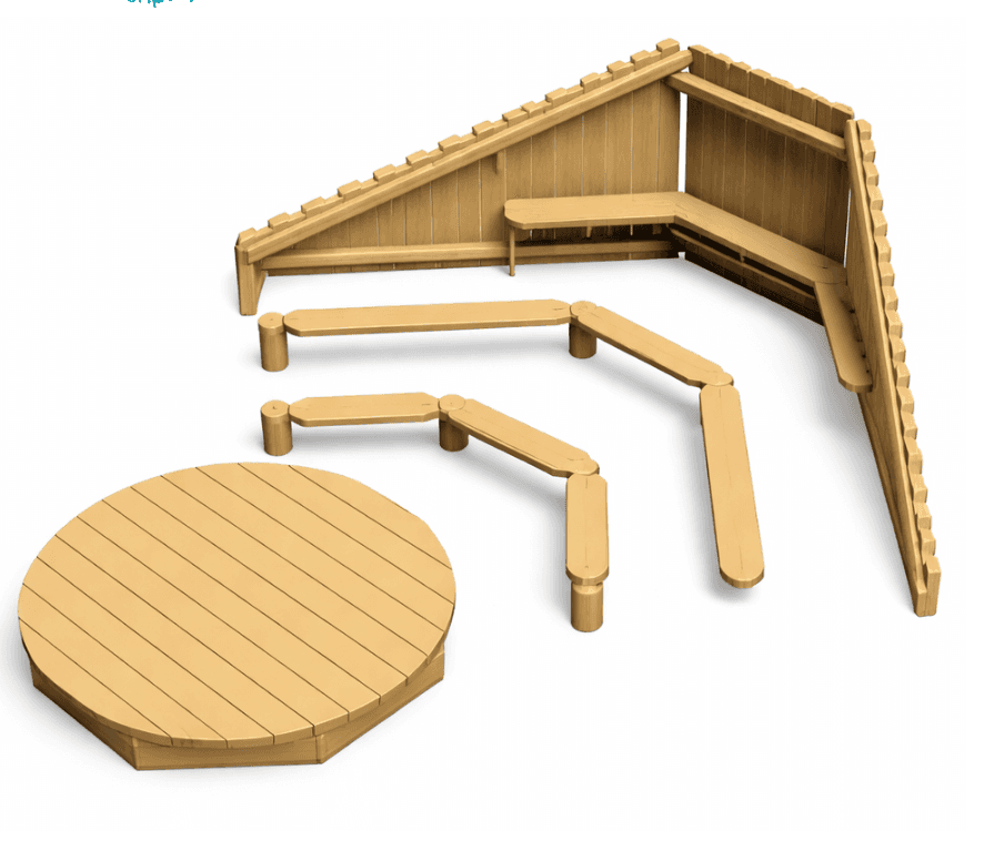 A modular outdoor seating and play structure composed of wooden elements. It features a circular, ra… — free STL 3D model