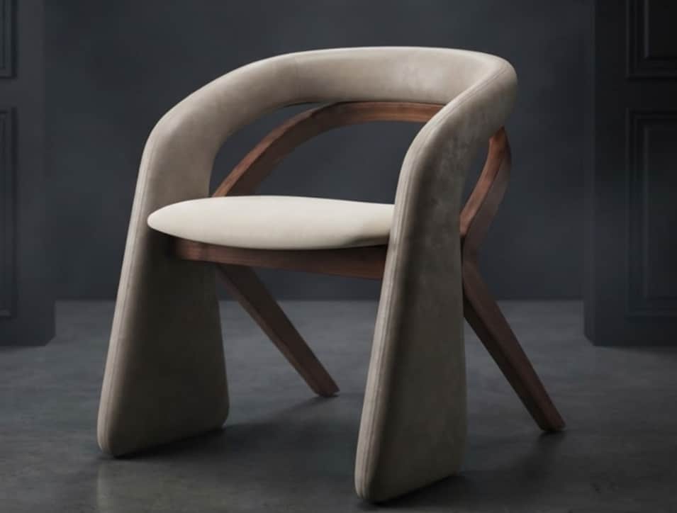 A contemporary dining armchair featuring a unique sculptural design. The chair consists of a curved… — 3D model