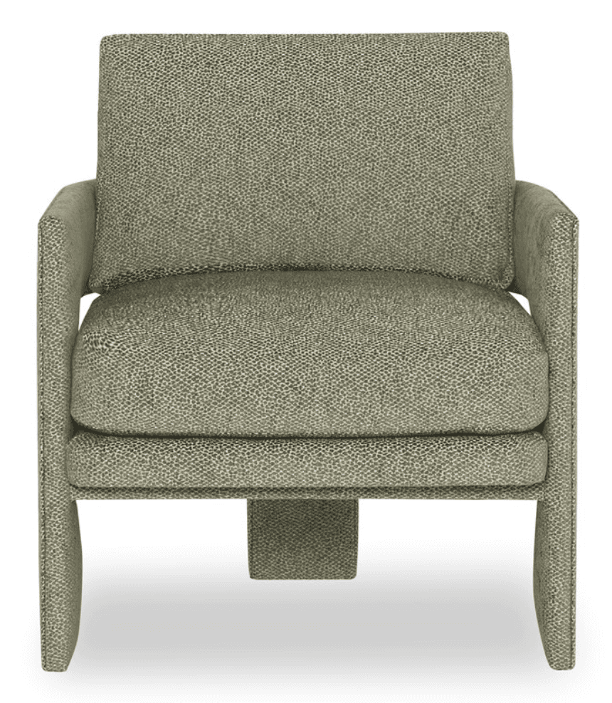 A contemporary armchair with a boxy, streamlined silhouette, fully upholstered in a greenish-gray fa… — 3D model