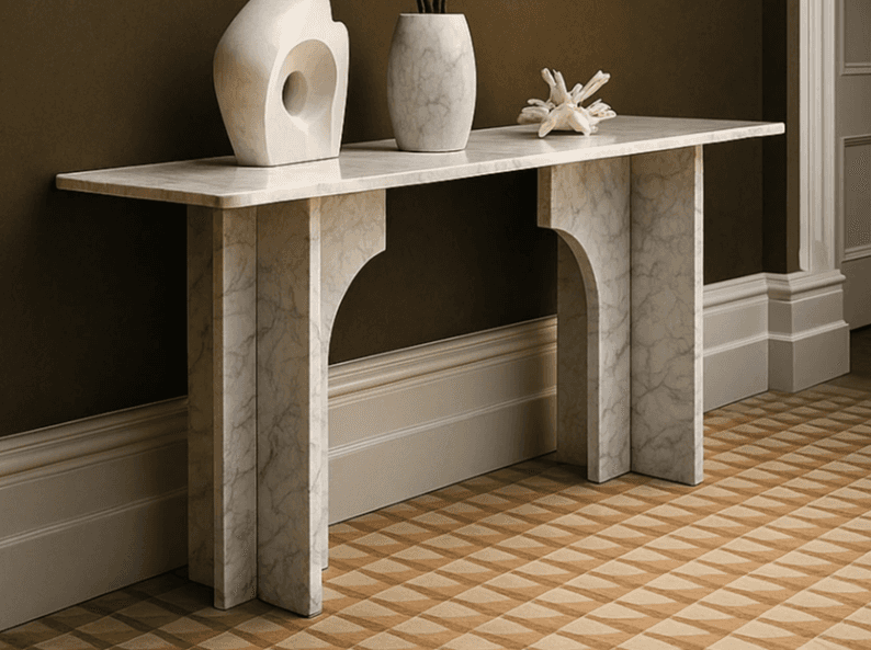 A long, narrow console table crafted entirely from white marble with distinct gray veining, featurin… — 3D model