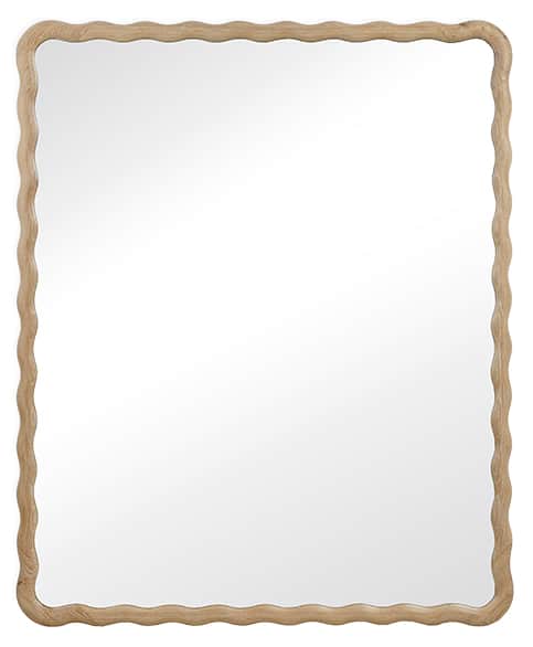 A rectangular wall mirror featuring a distinctively wavy, light-toned wooden frame. The frame has a… — 3D model
