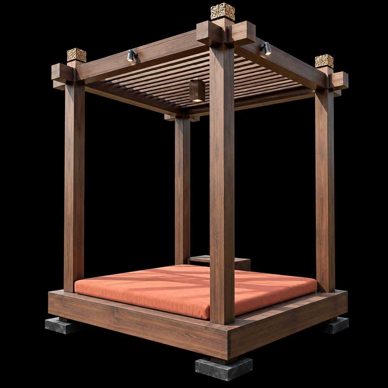 A robust outdoor daybed featuring a dark wood frame with a slatted canopy, an orange upholstered cus… — 3D model
