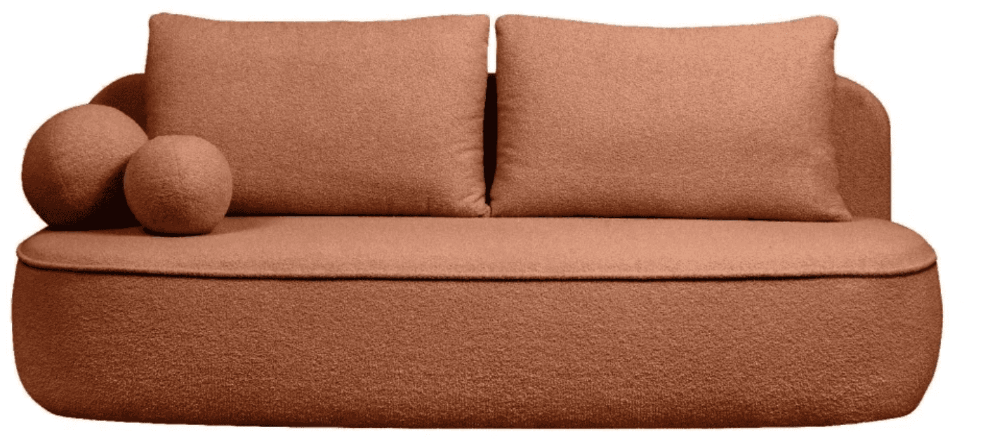 A contemporary loveseat featuring a rounded, organic silhouette, upholstered in a textured, rust-col… — 3D model