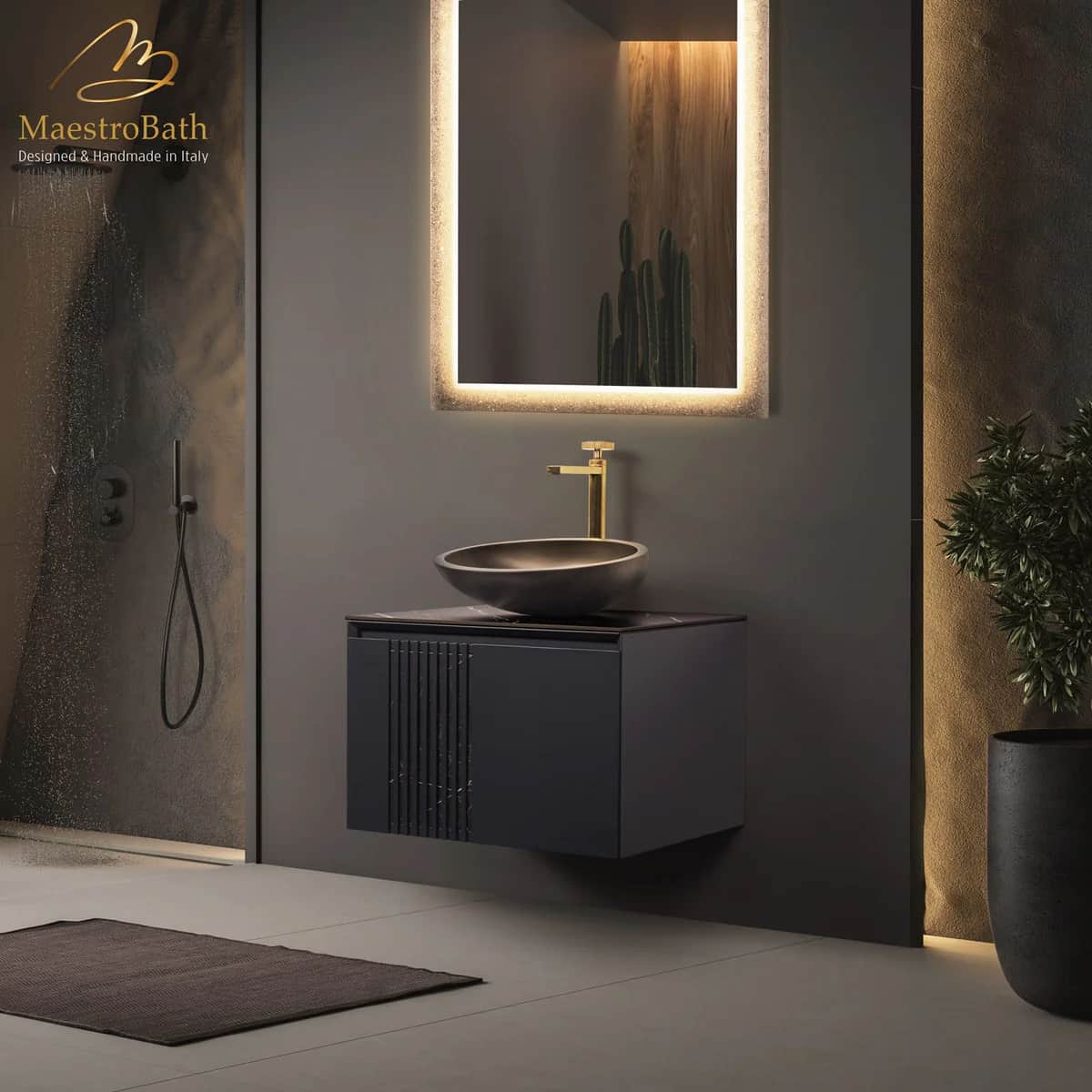 A modern vanity unit designed for bathrooms. It features a dark, matte-finished cabinet with vertica… — 3D model