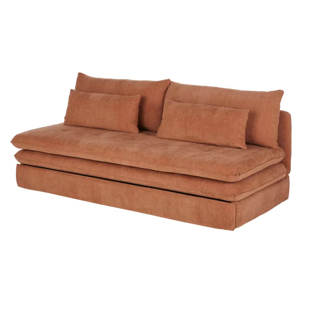 A long, low-profile, armless seating unit upholstered in a reddish-brown fabric, featuring multiple… — 3D model