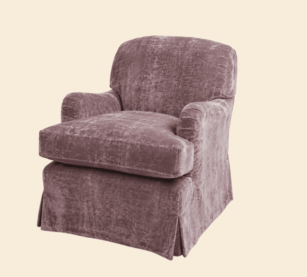 A single upholstered armchair featuring a plush design, rolled arms, and a full skirted base, covere… — 3D model