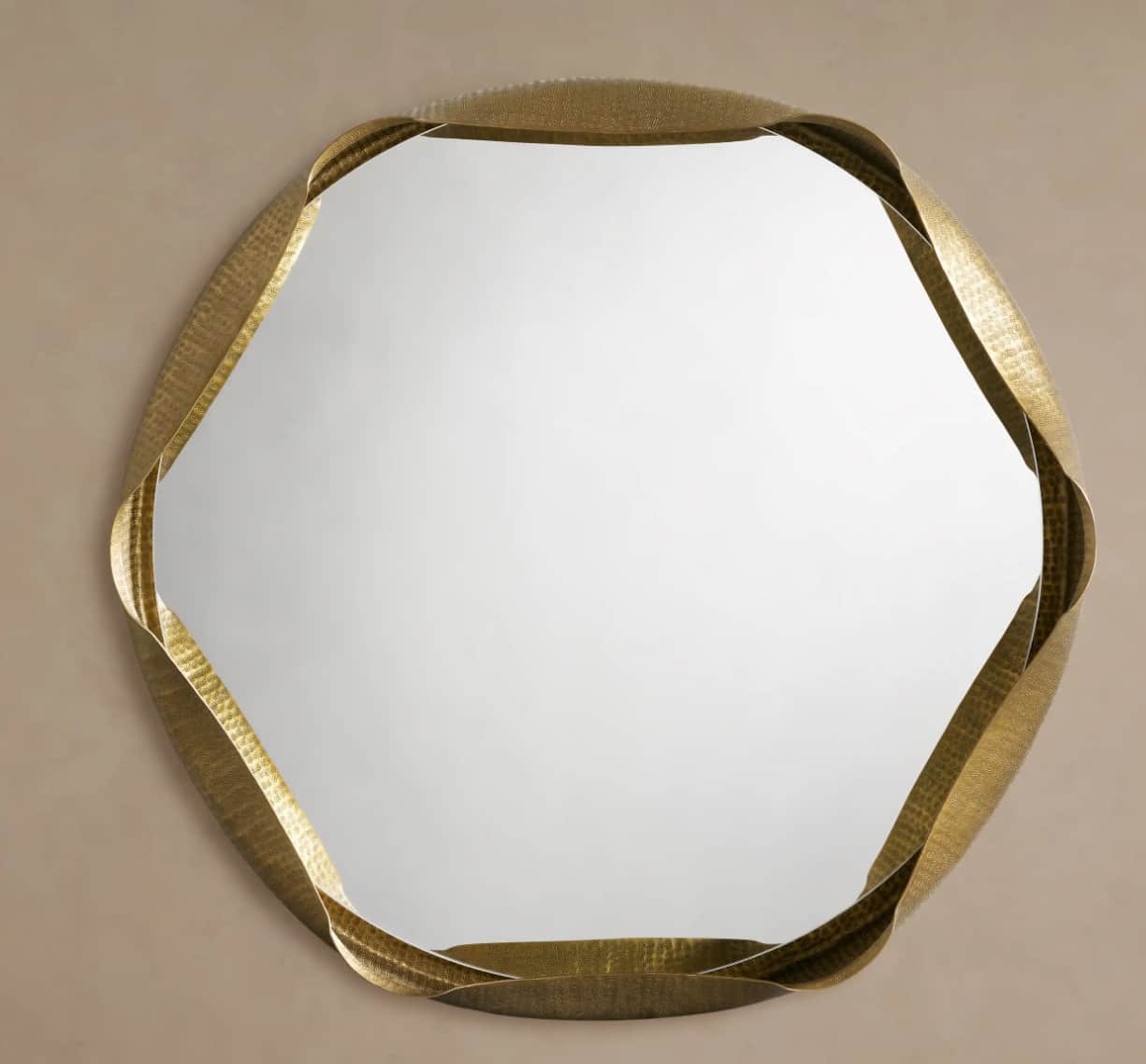 A decorative mirror with an irregular hexagonal shape. The frame is constructed from a textured, met… — 3D model