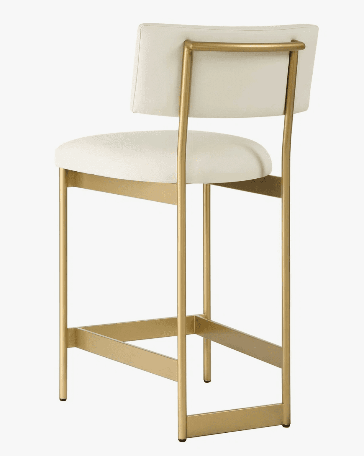 A modern bar stool featuring a gold-finished metal frame with a rectangular footrest and four legs.… — 3D model