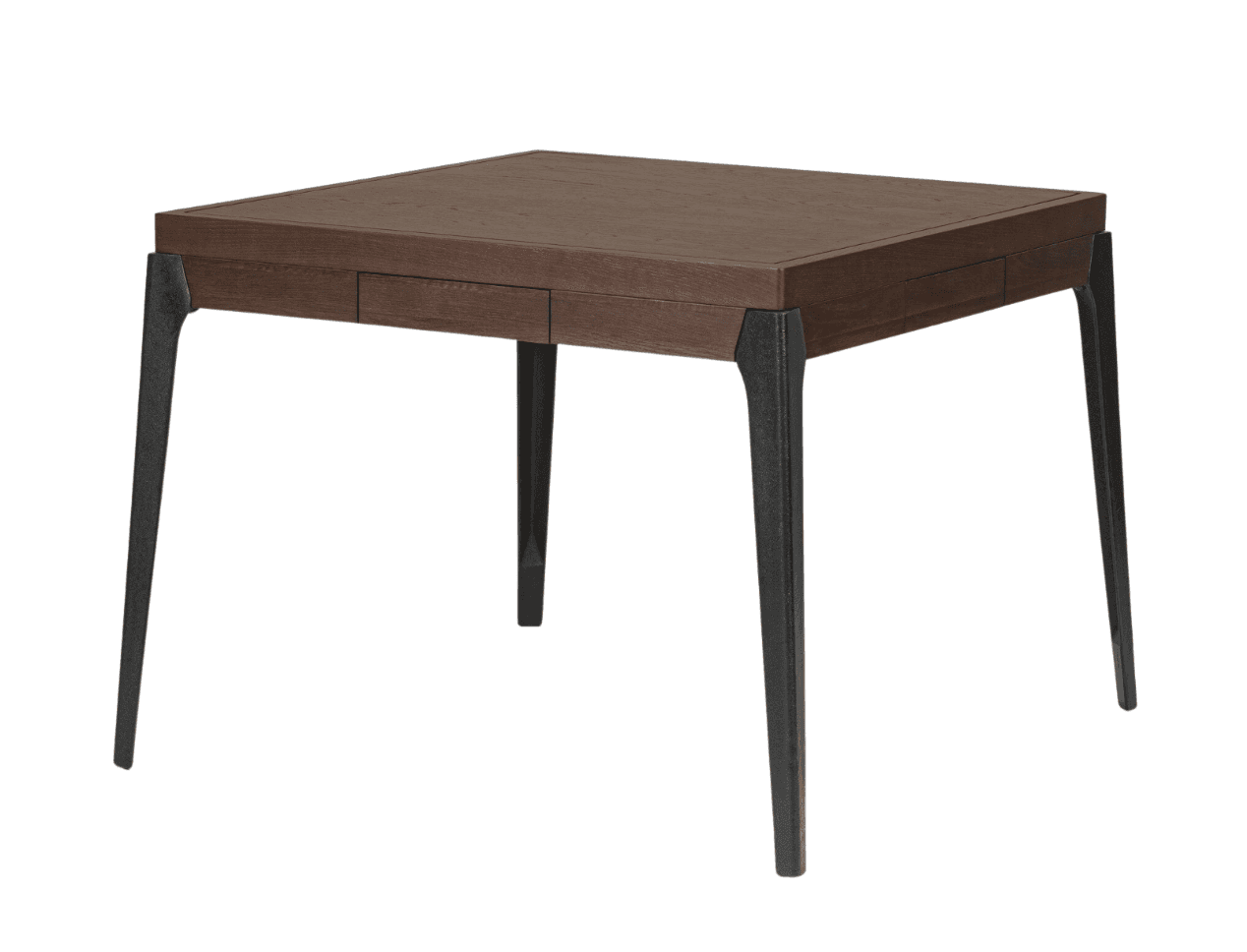 A square accent table featuring a dark brown wooden top with integrated shallow drawers and four dar… — 3D model
