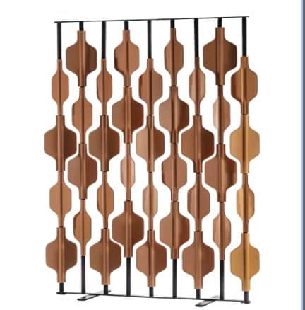A freestanding room divider with a geometric pattern. It consists of multiple vertical black metal r… — free OBJ 3D model