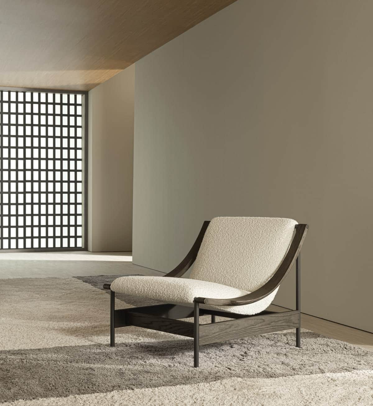 A contemporary lounge chair featuring a dark-stained solid wood frame with distinct curved armrests… — free OBJ 3D model