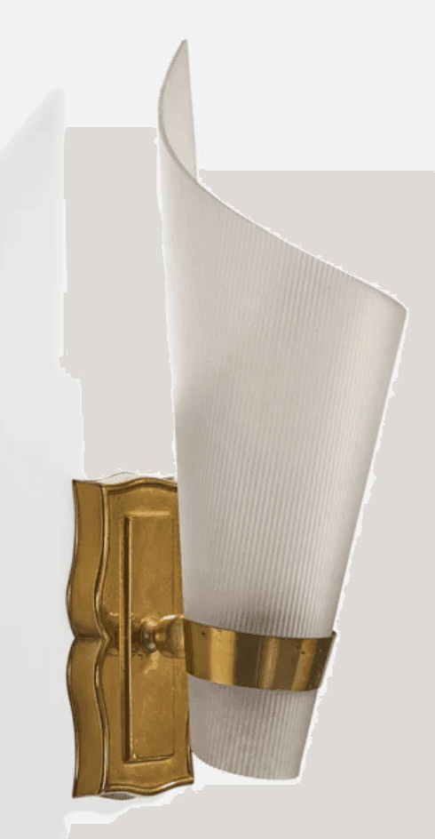 An elegant wall sconce featuring an ornate brass backplate and a curved, fluted glass shade. The sha… — 3D model