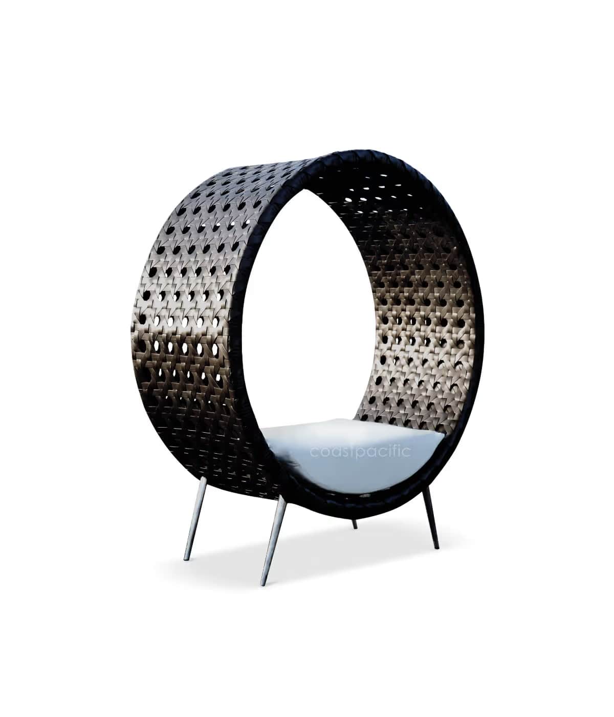 A circular lounge chair featuring a dark, tightly woven synthetic rattan frame, supported by four sl… — 3D model