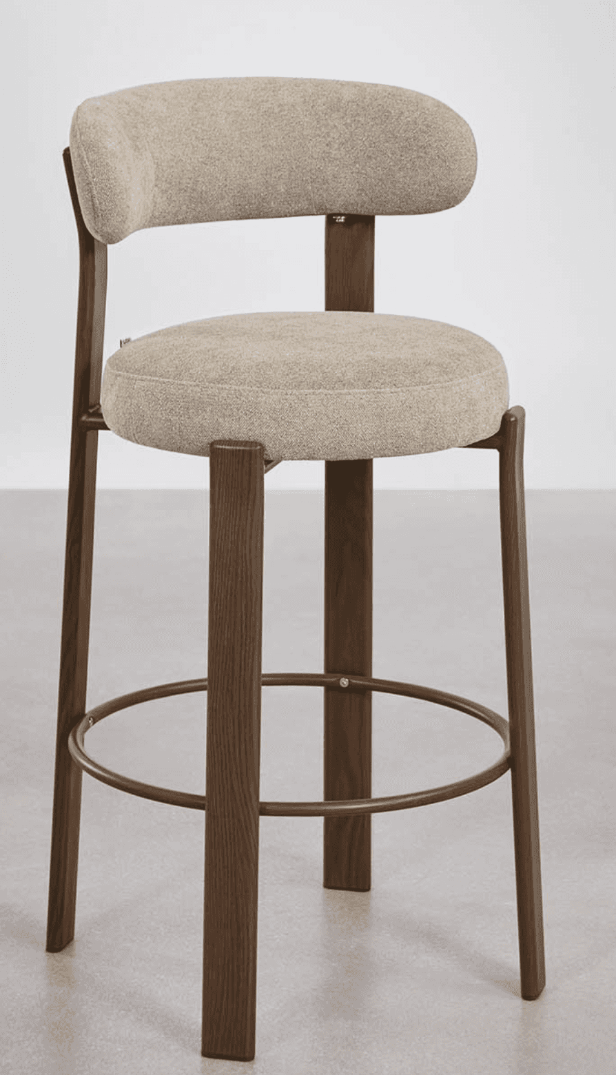 A contemporary bar stool featuring a dark wood frame, an upholstered seat, and a contoured upholster… — 3D model