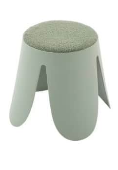 A modern, minimalist round stool featuring a textured, light sage green upholstered top and four wid… — 3D model