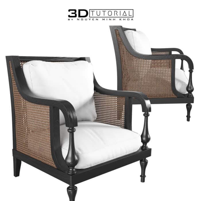 A dark-stained wooden armchair featuring cane webbing on the back and sides, equipped with plush whi… — 3D model