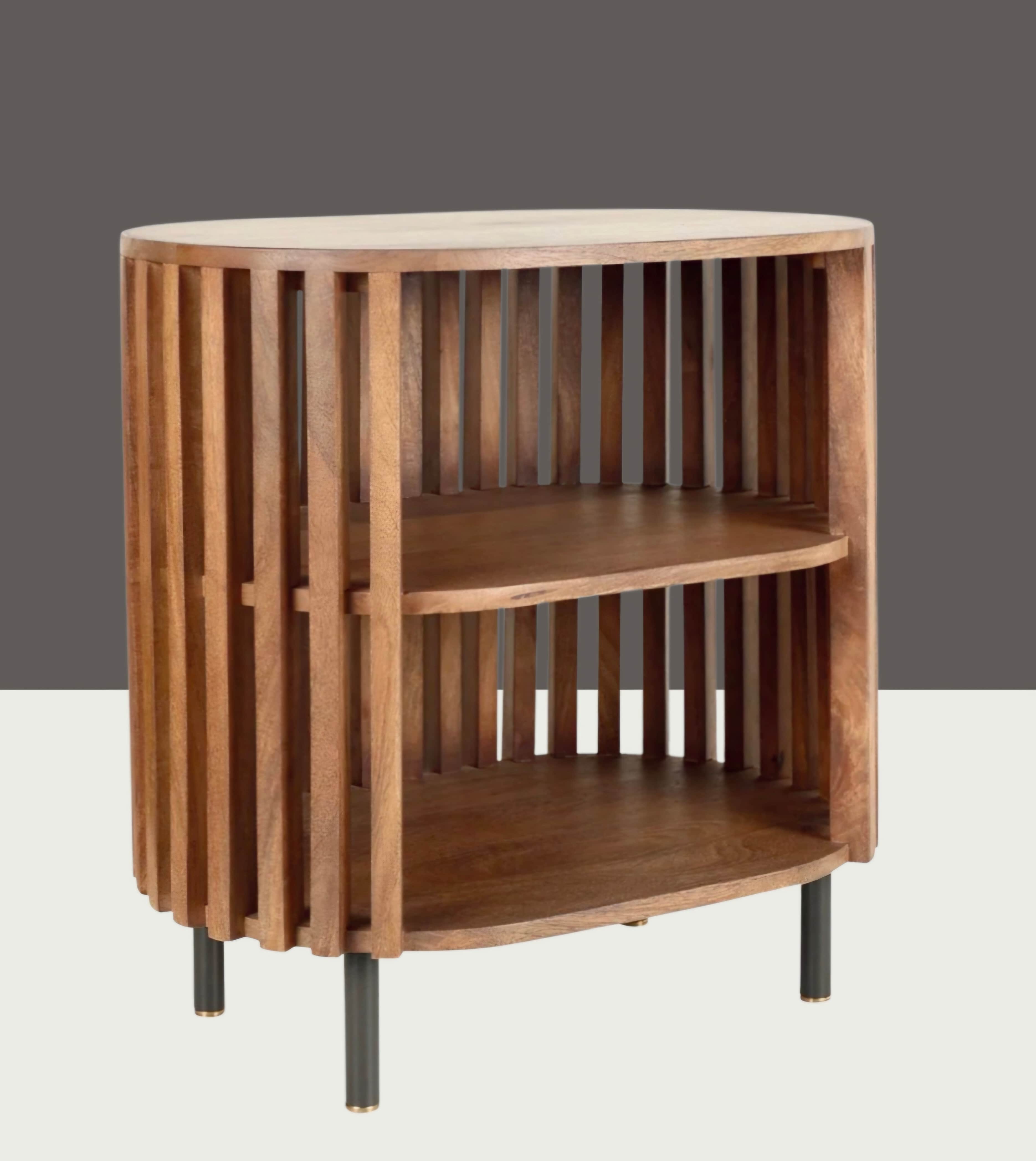 A modern demilune (half-moon) shaped shelving unit constructed from medium-toned wood, featuring an… — 3D model