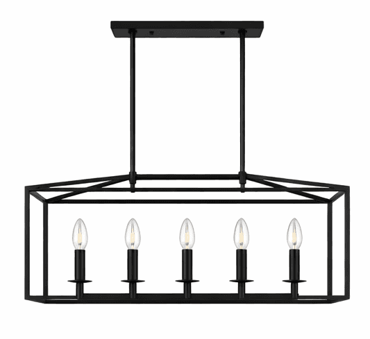 A linear chandelier featuring a rectangular open-cage frame in a matte black finish, suspended by tw… — 3D model