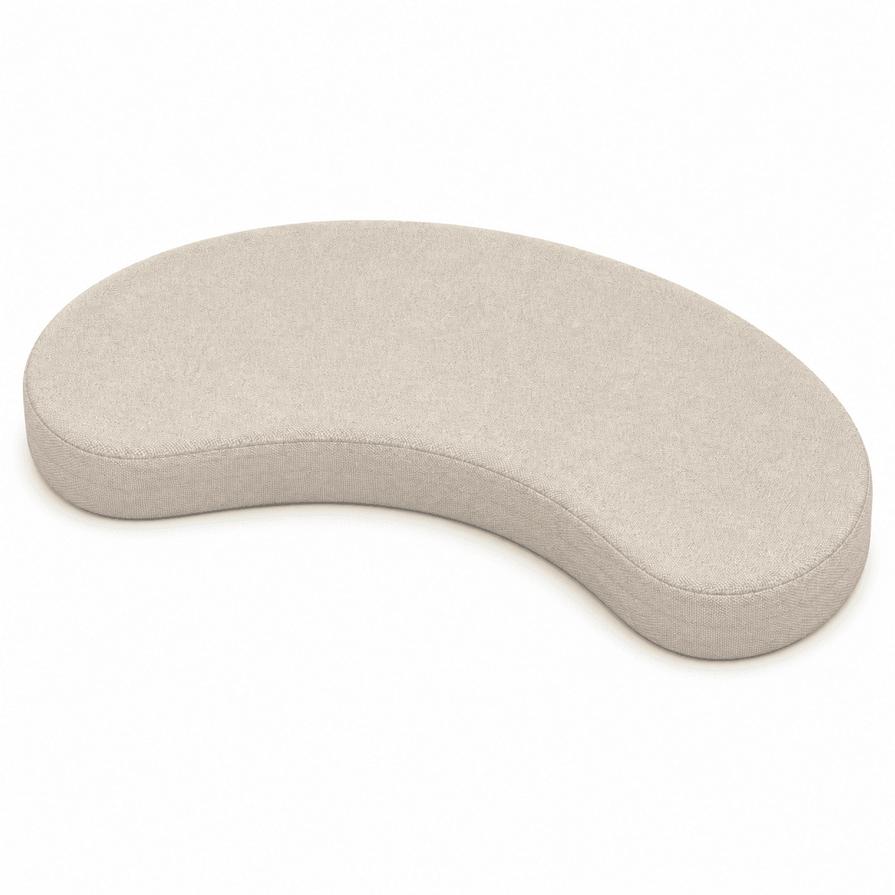 A crescent-shaped, fully upholstered bench or ottoman in a light beige, textured fabric, designed wi… — 3D model