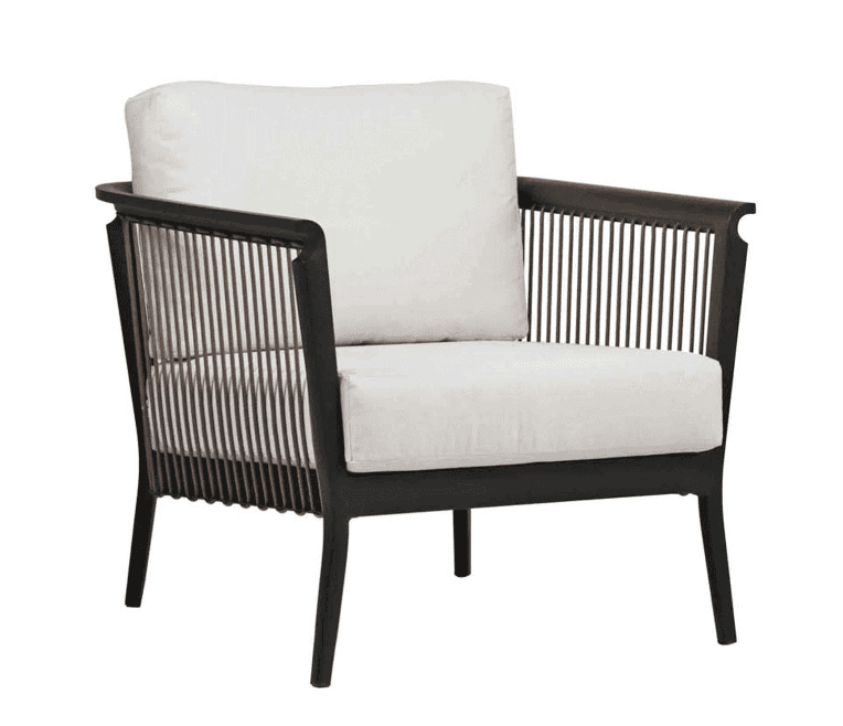A modern lounge chair featuring a dark, perhaps wood or metal, frame with distinctive vertical slats… — 3D model