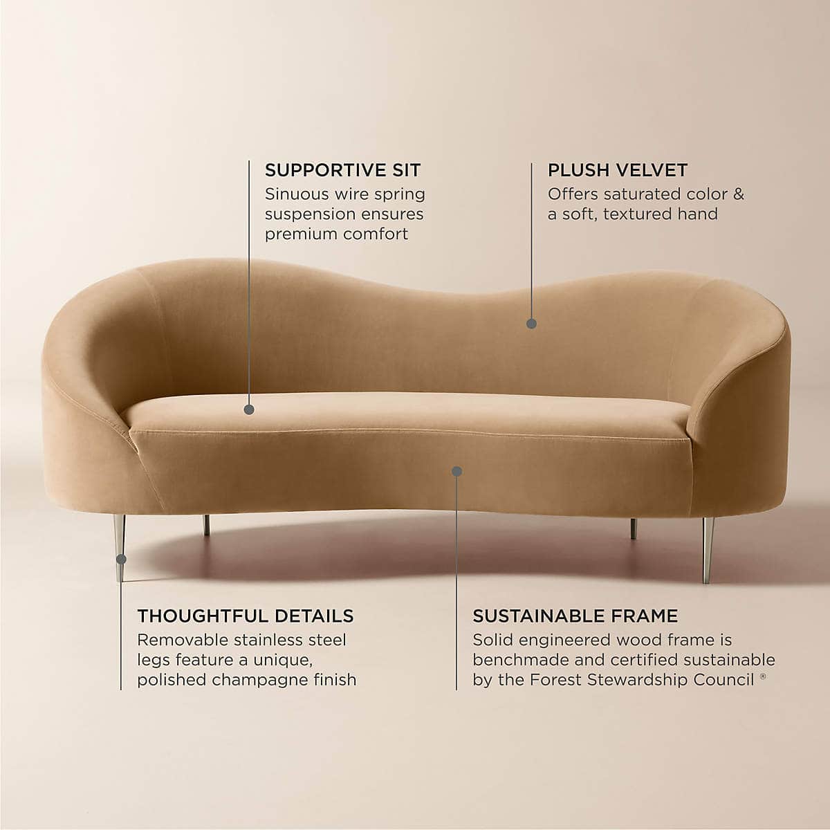 A modern curved back sofa upholstered in plush, champagne-colored velvet, featuring slender, polishe… — 3D model