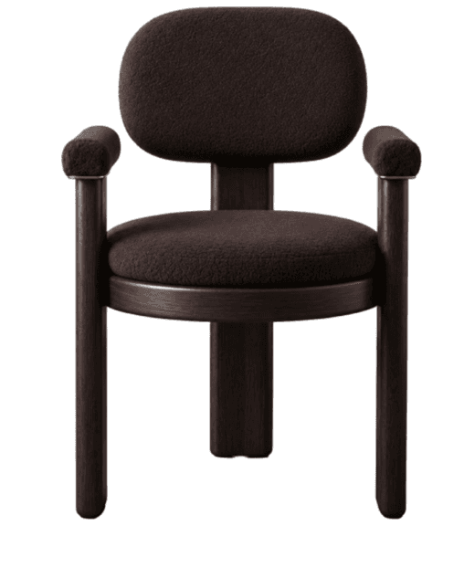 A contemporary armchair with a dark-stained wooden frame and dark brown bouclé upholstery. The chair… — 3D model