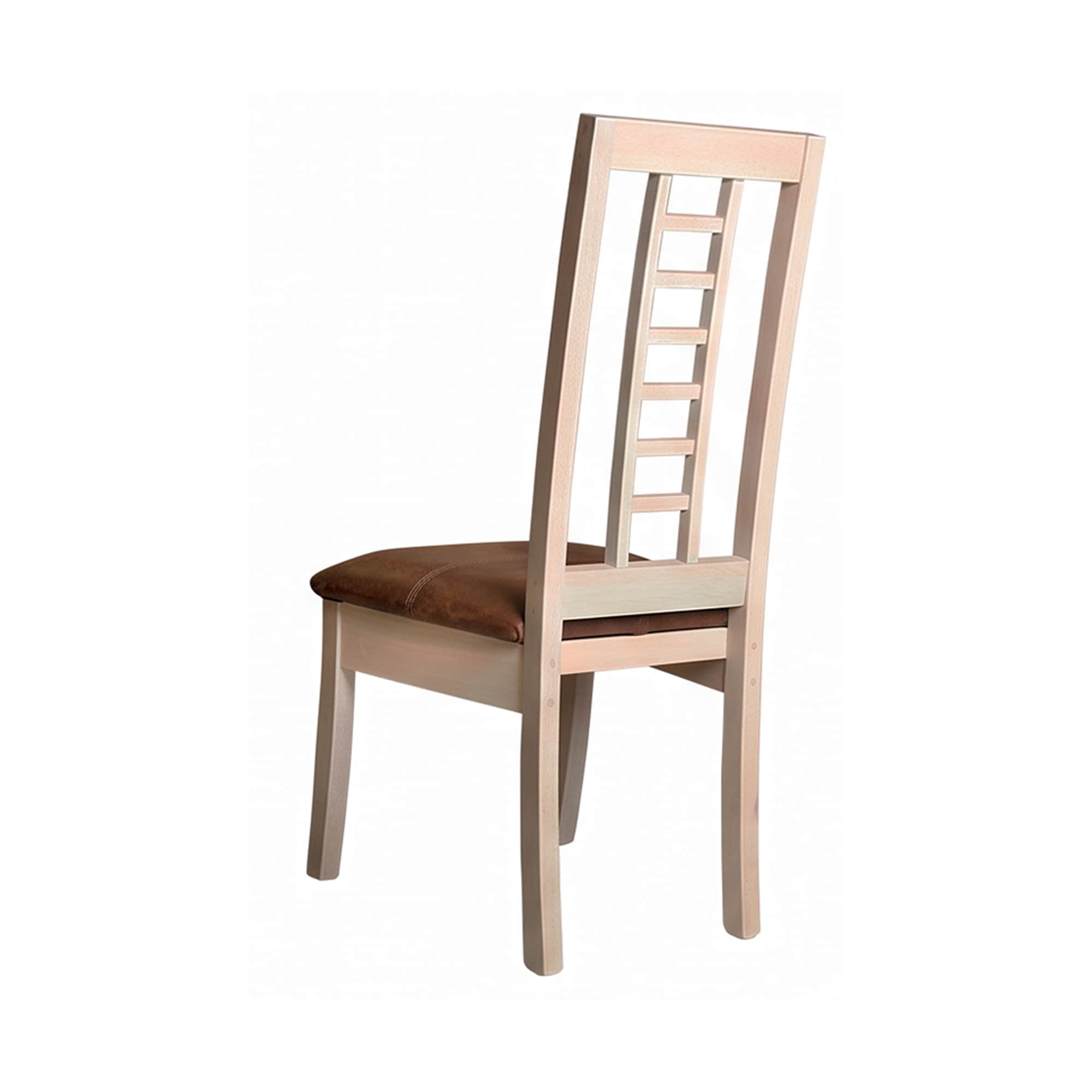 A light-toned wooden dining chair featuring a slatted backrest and a padded, brown upholstered seat. — 3D model