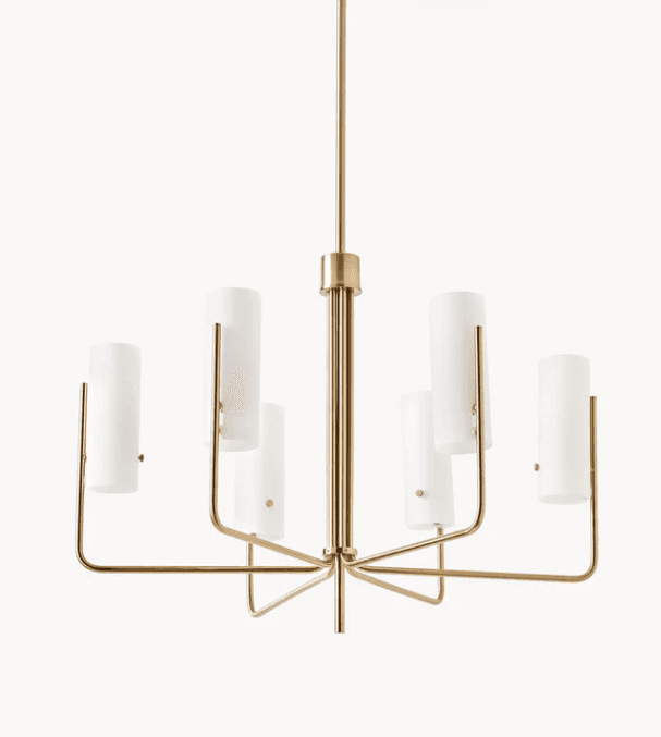 A modern chandelier with a central brass stem from which six arms extend radially. Each arm supports… — free FBX 3D model