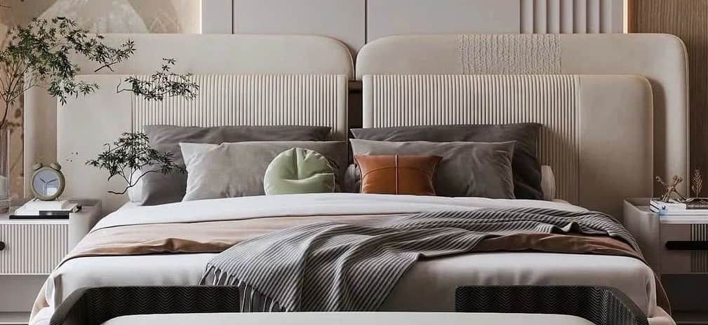 A contemporary upholstered platform bed featuring a distinctive integrated multi-panel headboard, fl… — 3D model