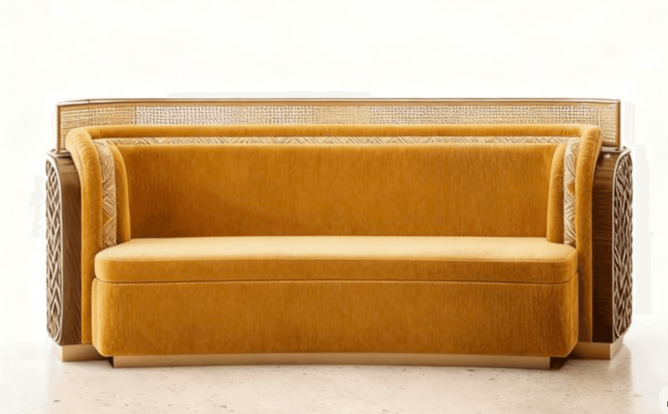 A sofa with a high back and armrests, featuring a rich mustard yellow velvet upholstery. The sides o… — free FBX 3D model