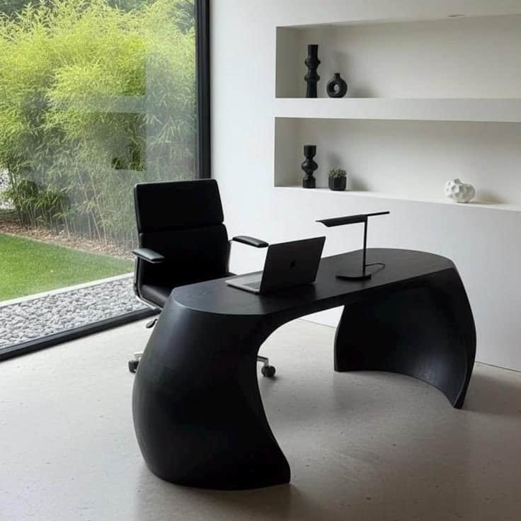 A minimalist, sculptural bench crafted from wood with a matte black finish. It features a continuous… — 3D model