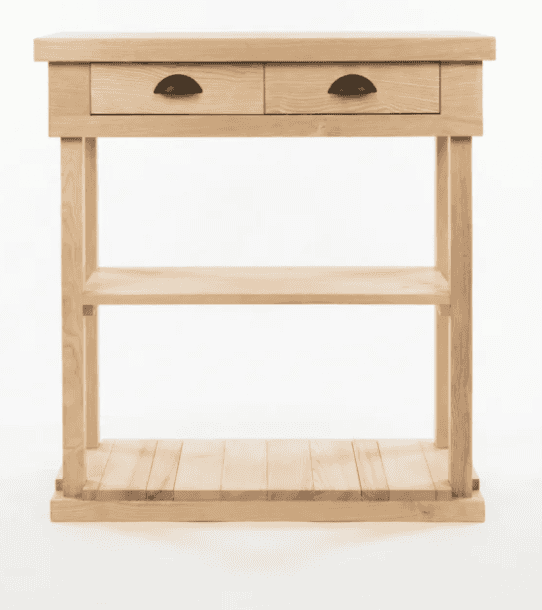 A light-toned solid wood console table featuring a rectangular top, two drawers with dark cup pulls,… — 3D model