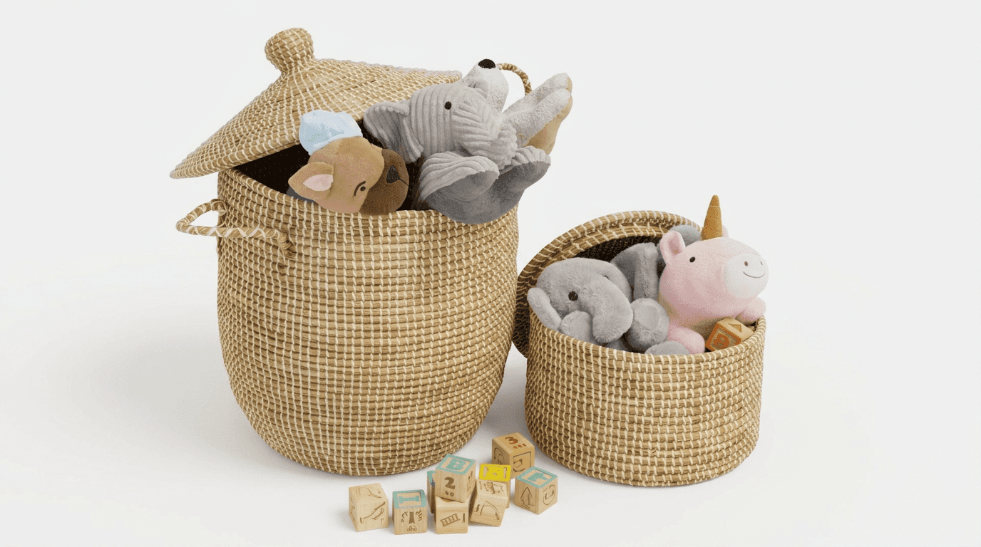 Two woven storage baskets of differing sizes, filled with plush toys and surrounded by wooden buildi… — 3D model